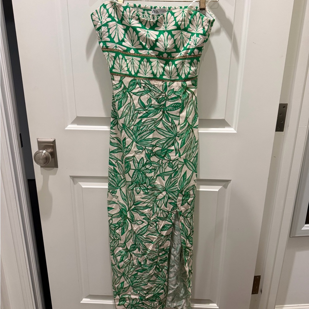Zara Cream Strapless Maxi Dress with Green Leaf Print